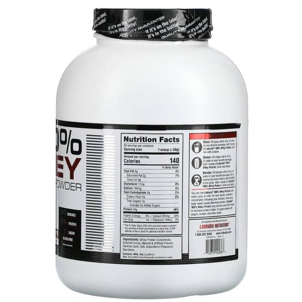 Labrada Nutrition  100% Whey Protein tein (Chocolate, 4.13 lbs/1875 g, 50 servings) 24g Protein, 1 g Sugar, No Trans-fat, High in Glutamine & Gluten Free