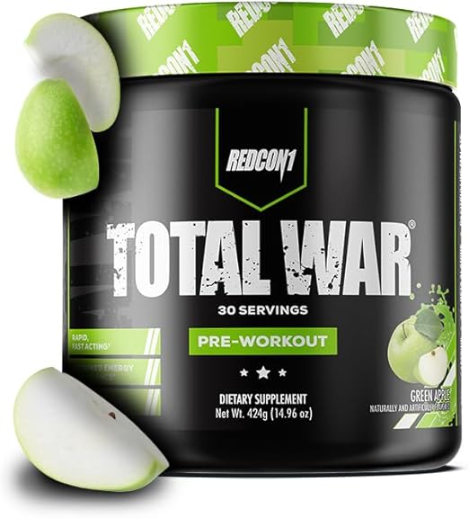 REDCON1 Total War Pre Workout – Green Apple, 30 Servings | 320mg Caffeine, 6g Citrulline Malate, 3.2g Beta-Alanine | Energy, Endurance & Focus Support | Vegetarian Pre Workout Powder