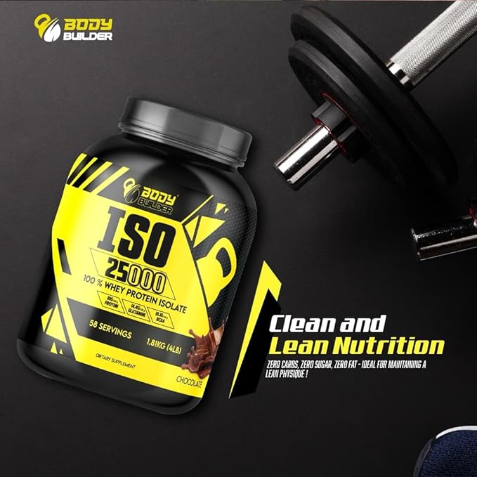 Body Builder ISO 25000 Isolate Whey Protein Powder (4LB) - 88% OF PROTEIN - Zero Sugar, Carb & Fat - With 18% BCAAs & 14% Glutamine - (Cappuccino, 4 LB)