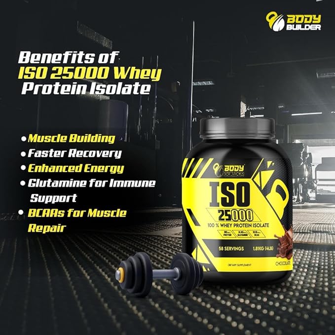 Body Builder ISO 25000 Isolate Whey Protein Powder (4LB) - 88% OF PROTEIN - Zero Sugar, Carb & Fat - With 18% BCAAs & 14% Glutamine - (Cappuccino, 4 LB)