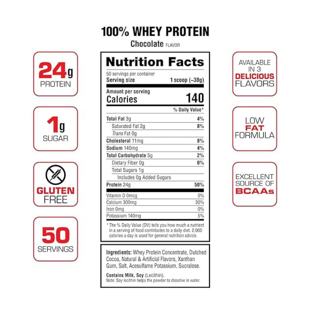 Labrada Nutrition  100% Whey Protein tein (Chocolate, 4.13 lbs/1875 g, 50 servings) 24g Protein, 1 g Sugar, No Trans-fat, High in Glutamine & Gluten Free