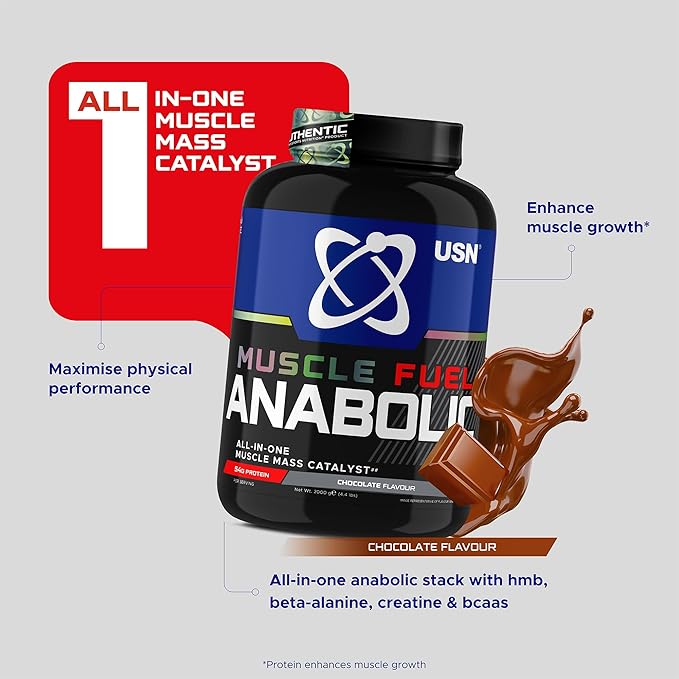 USN Muscle Fuel Anabolic Chocolate All-in-one Protein Powder Shake (2kg): Workout-Boosting, Anabolic Protein Powder for Muscle Gain - New Improved Formula