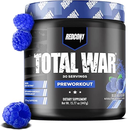 REDCON1 Total War Pre Workout Powder Blue Raspberry – 30 Servings | 320mg Caffeine Energy Booster | Beta Alanine & Citrulline Malate | Vegan & Keto Friendly Pre Workout for Men & Women | Focus, Endurance & Pump Support