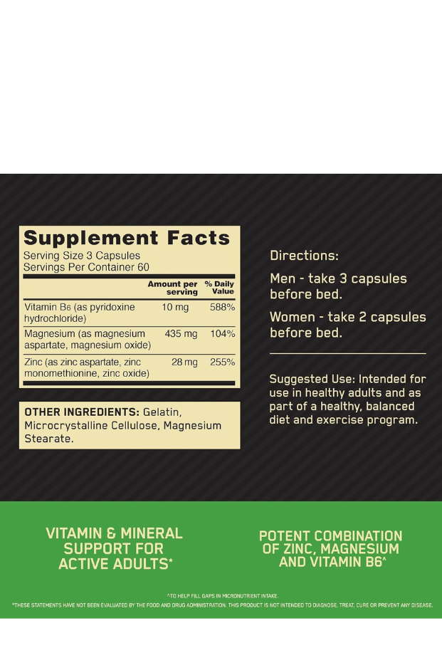 Optimum Nutrition (ON) ZMA Zinc for Immune Support, Muscle Recovery and Endurance Supplement for Men and Women, Zinc and Magnesium Supplement - 180 Capsules