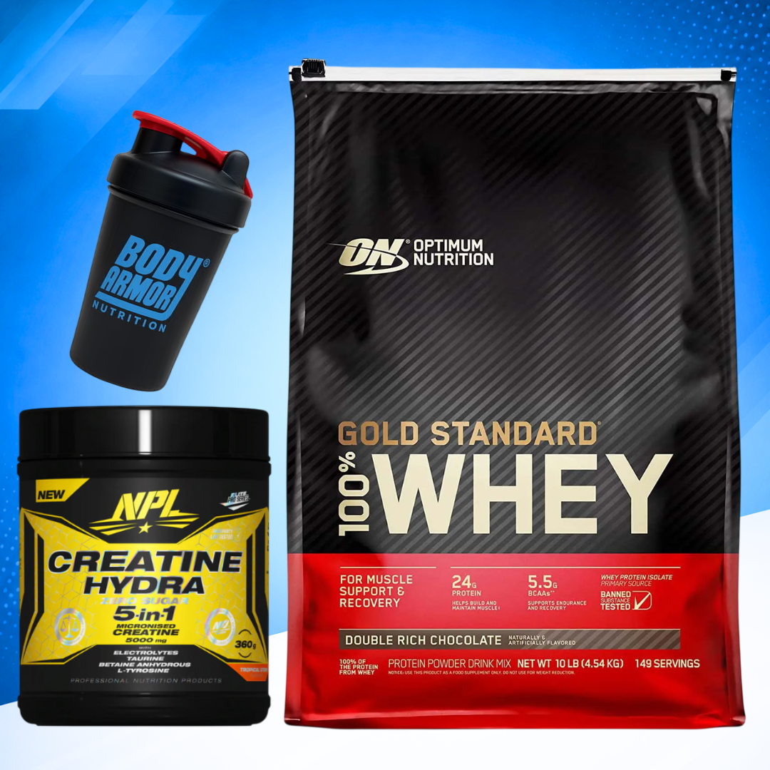 Optimum Nutrition Gold Standart Whey 10LBS+ NPL Creatine Hydra+ Shaker