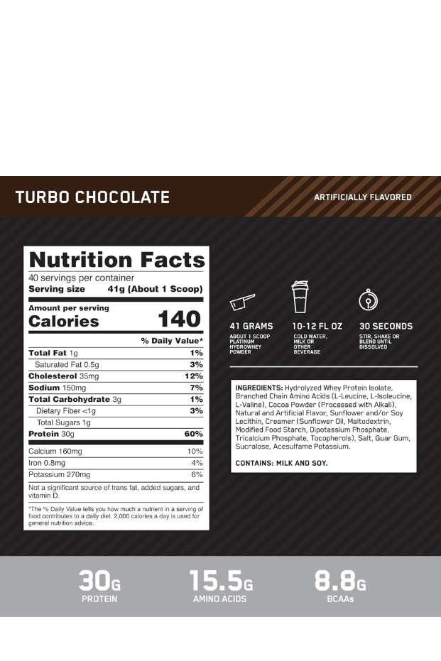 Optimum Nutrition (ON) Platinum Hydrowhey Protein Powder, 30 Grams of Protein for Muscle Support, 100% Hydrolyzed Whey Protein Isolate Powder - Turbo Chocolate, 3.61 Lbs, 40 Servings (1.64 KG)