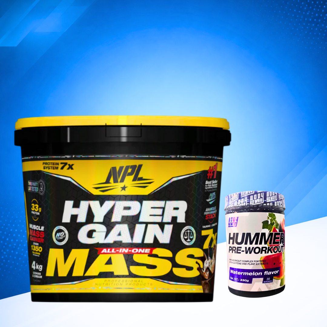 NPL Hyper Gain Mass Gainer 4kg + Body Armor Hummer Pre-Workout 330g + NPL Creatine Monohydrate 150g ( free) | Complete Gym Supplement Bundle