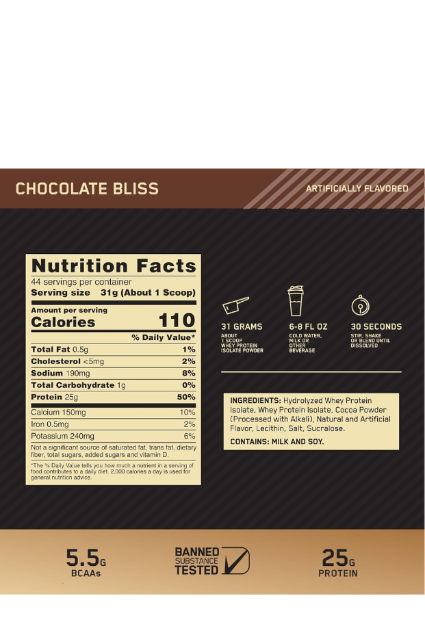 Optimum Nutrition (ON) Gold Standard 100% Isolate, 25 Grams of Protein- Chocolate Bliss, 5Lbs, 24 Servings (744 G)