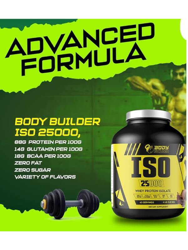 Body Builder ISO 25000 Isolate Whey Protein Powder (4LB) - 88% OF PROTEIN - Zero Sugar, Carb & Fat - With 18% BCAAs & 14% Glutamine - (Cappuccino, 4 LB)