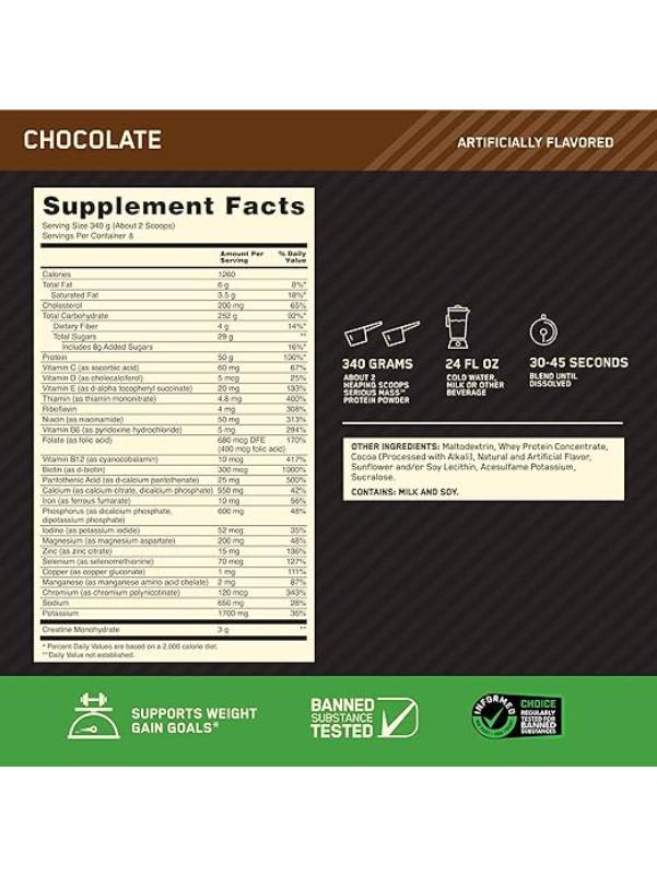 Optimum Nutrition (ON) Serious Mass: High Protein Muscle Building & Weight Gainer Protein Powder, 50 Grams of Protein, Vitamin C, Zinc And Vitamin D For Immune Support - Chocolate, 6 Lbs (2.72 KG)